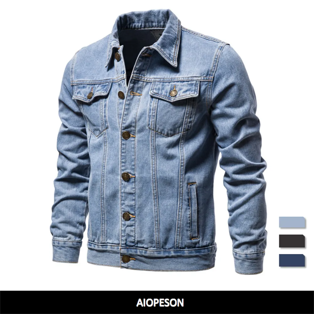 Cotton Denim Jacket Men's Casual Solid Color Lapel Single Breasted Jeans Autumn Slim Fit