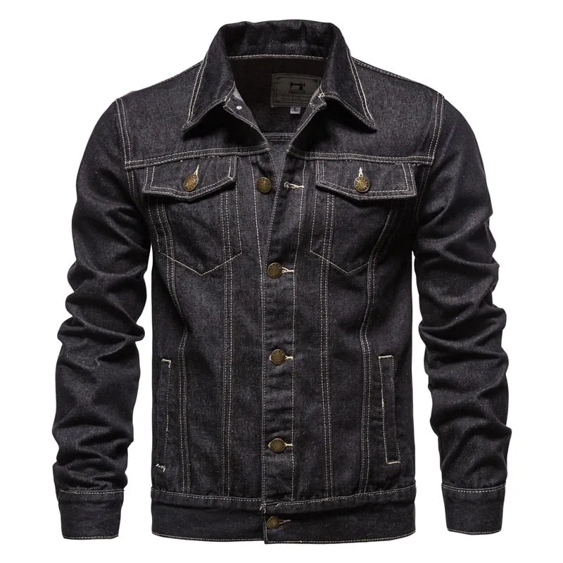 Cotton Denim Jacket Men's Casual Solid Color Lapel Single Breasted Jeans Autumn Slim Fit