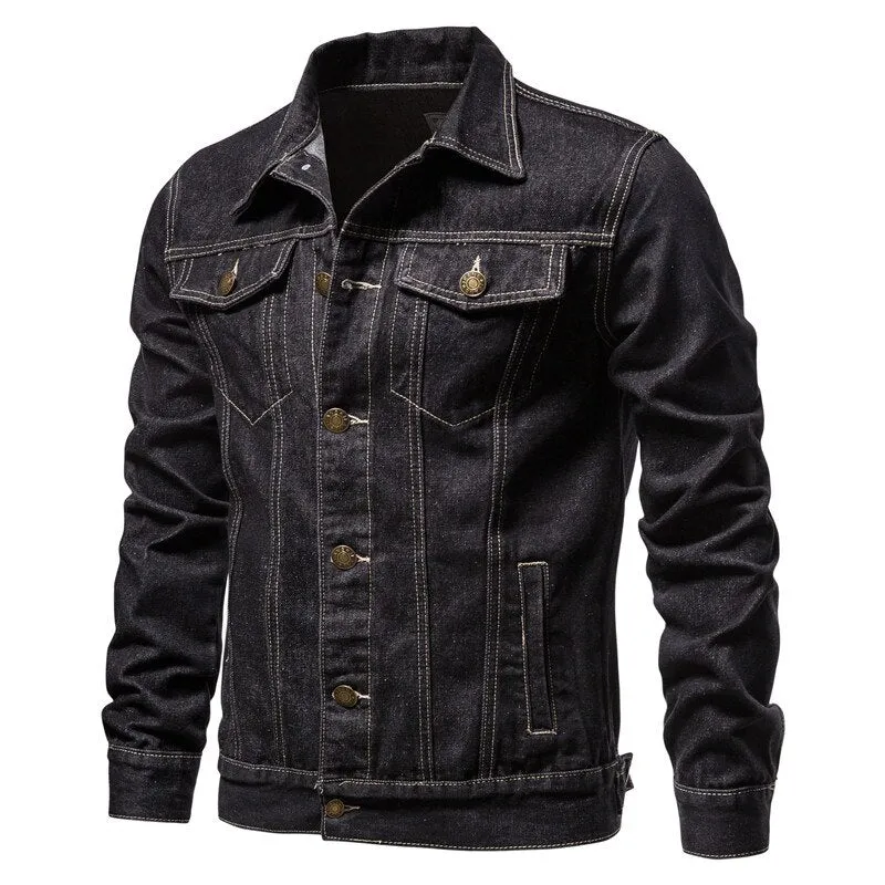 Cotton Denim Jacket Men's Casual Solid Color Lapel Single Breasted Jeans Autumn Slim Fit