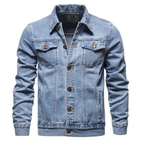 Cotton Denim Jacket Men's Casual Solid Color Lapel Single Breasted Jeans Autumn Slim Fit