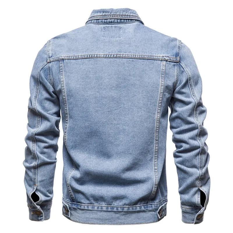 Cotton Denim Jacket Men's Casual Solid Color Lapel Single Breasted Jeans Autumn Slim Fit