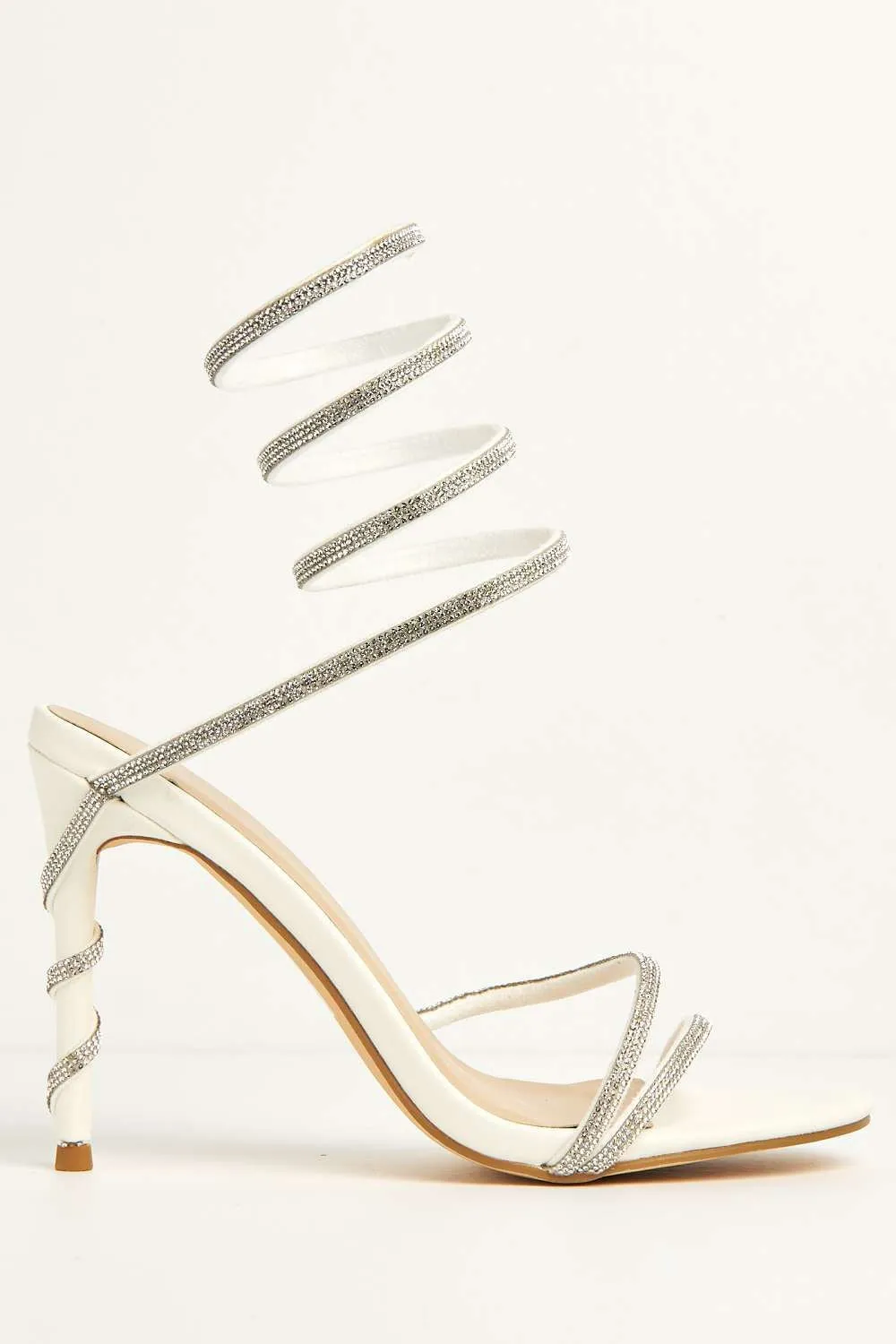 Curly Diamante Embellished Spiral Ankle Strap Sandals in White Matt