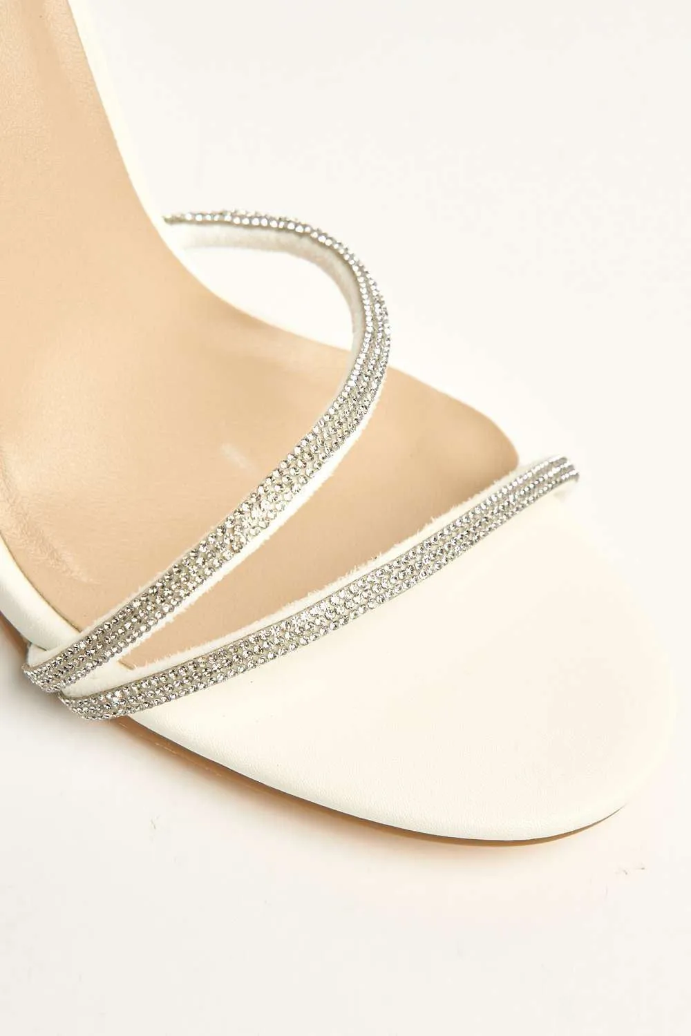 Curly Diamante Embellished Spiral Ankle Strap Sandals in White Matt