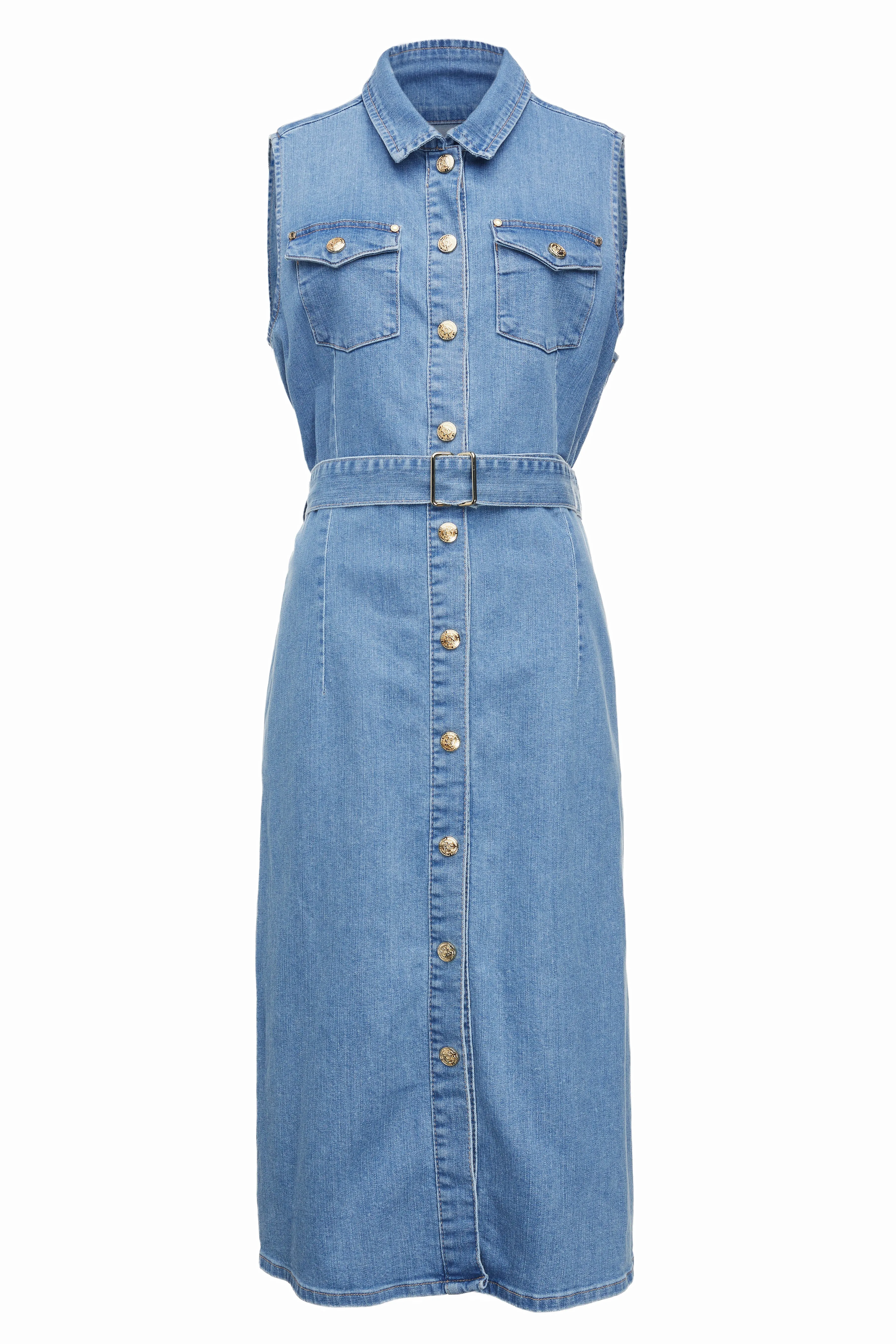 Denim Sleeveless Shirt Dress (Light Indigo Wash)