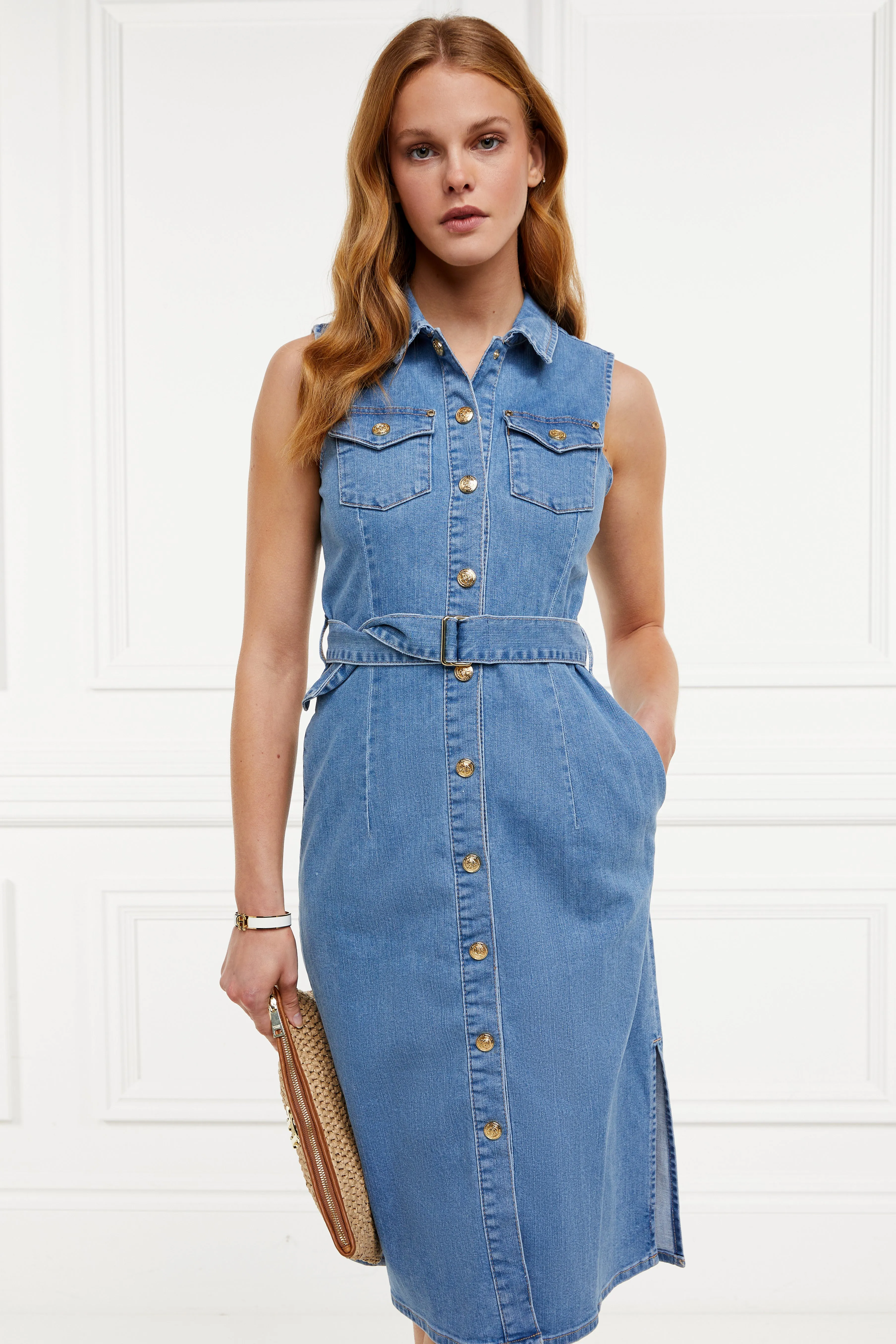 Denim Sleeveless Shirt Dress (Light Indigo Wash)