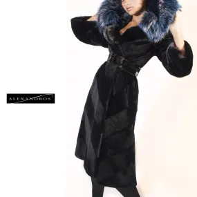 Diagonal Sheared Mink Full Length Coat with Blue Silver Fox Collar