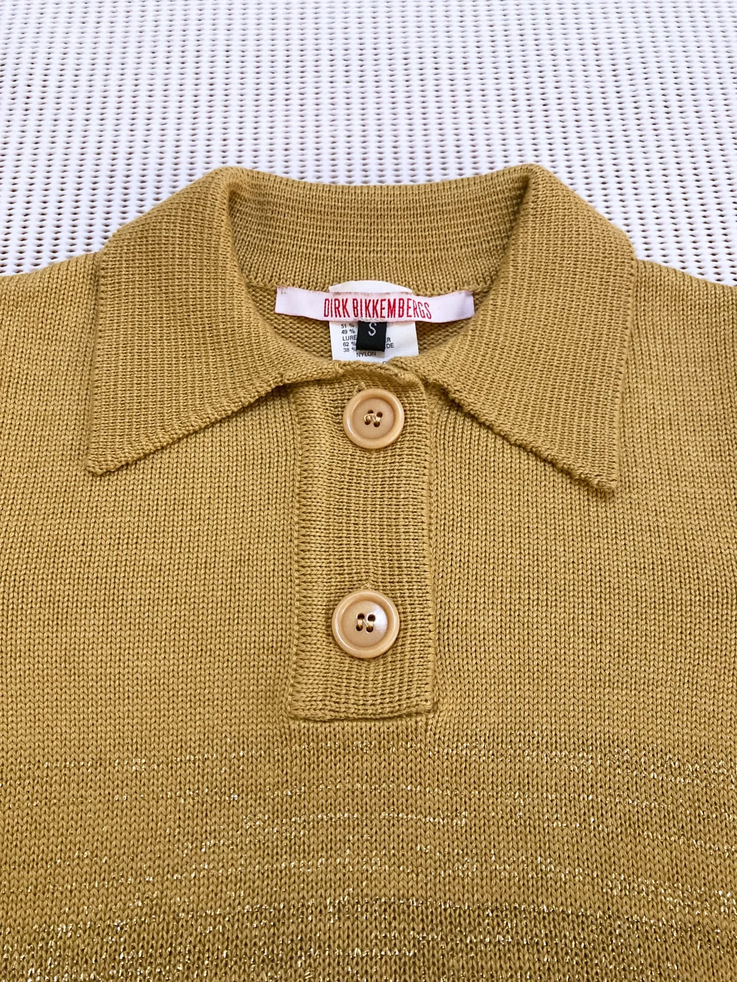 Dirk Bikkembergs 1990s gold knitted polo shirt with lurex threads - S