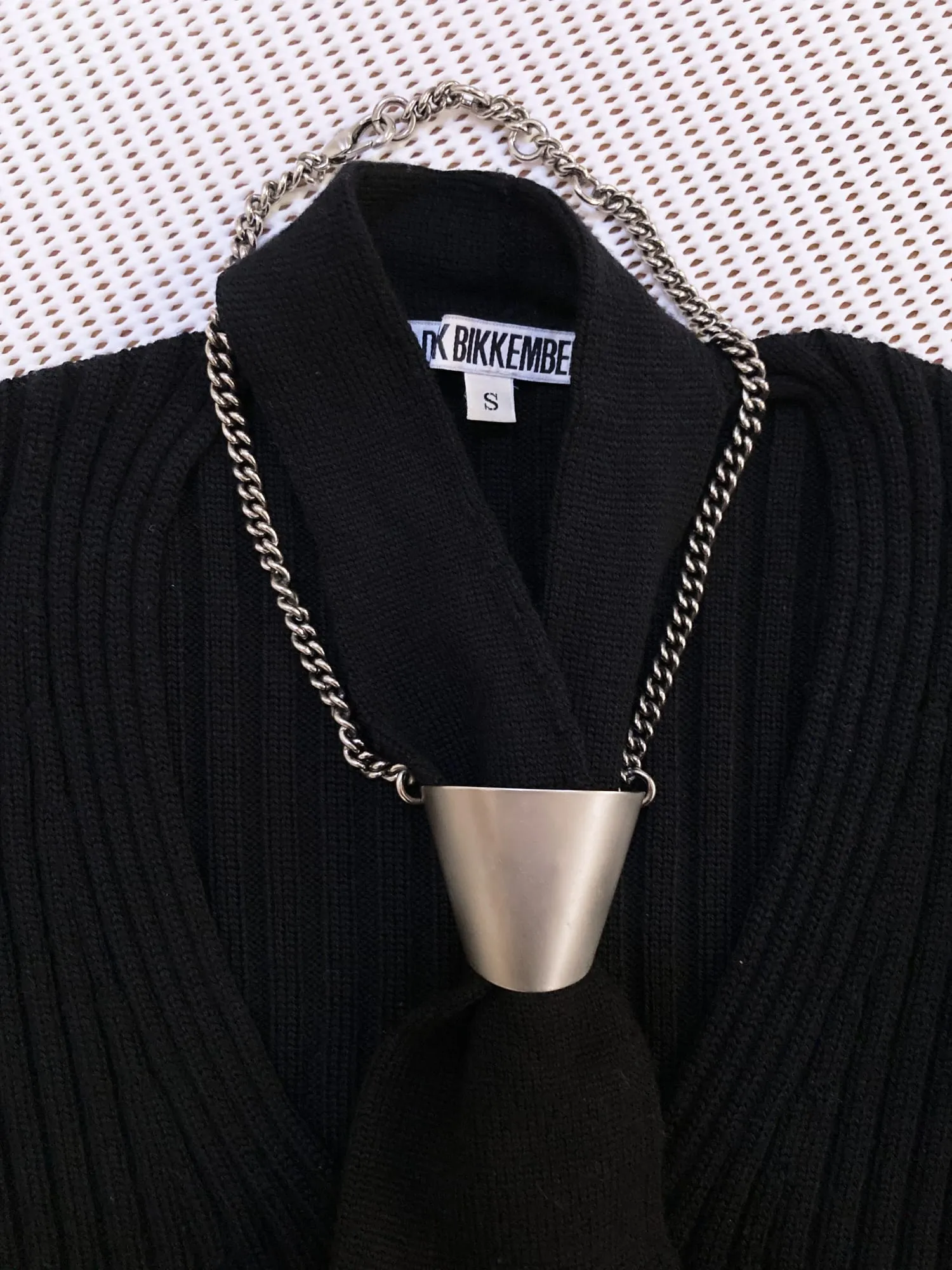 Dirk Bikkembergs winter 1997 black wool rib knit metal tie ring necktie jumper