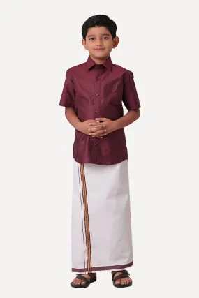 Divine - Maroon Matching Fixit Dhoti and Shirt 2 in 1 Set For Kids | Uathayam