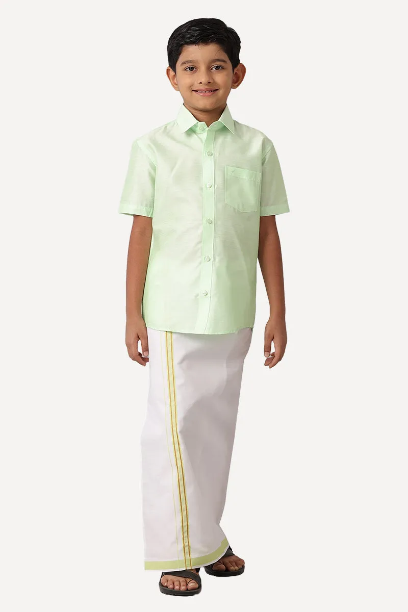 Divine - Pale Green Matching Fixit Dhoti and Shirt 2 in 1 Set For Kids | Uathayam