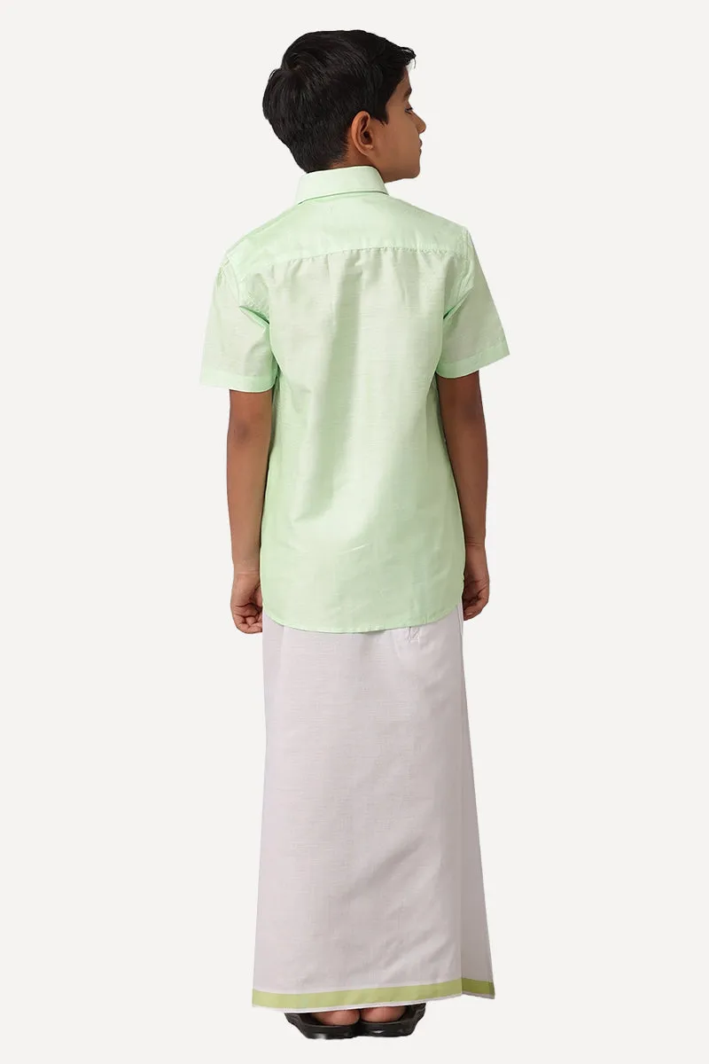 Divine - Pale Green Matching Fixit Dhoti and Shirt 2 in 1 Set For Kids | Uathayam