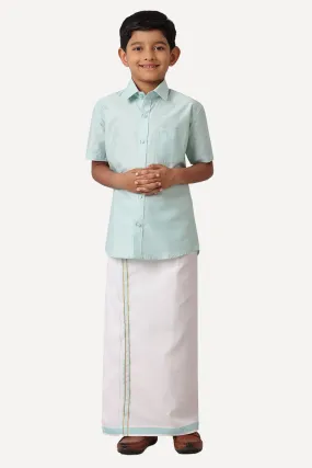 Divine - Sky Blue Matching Fixit Dhoti and Shirt 2 in 1 Set For Kids | Uathayam