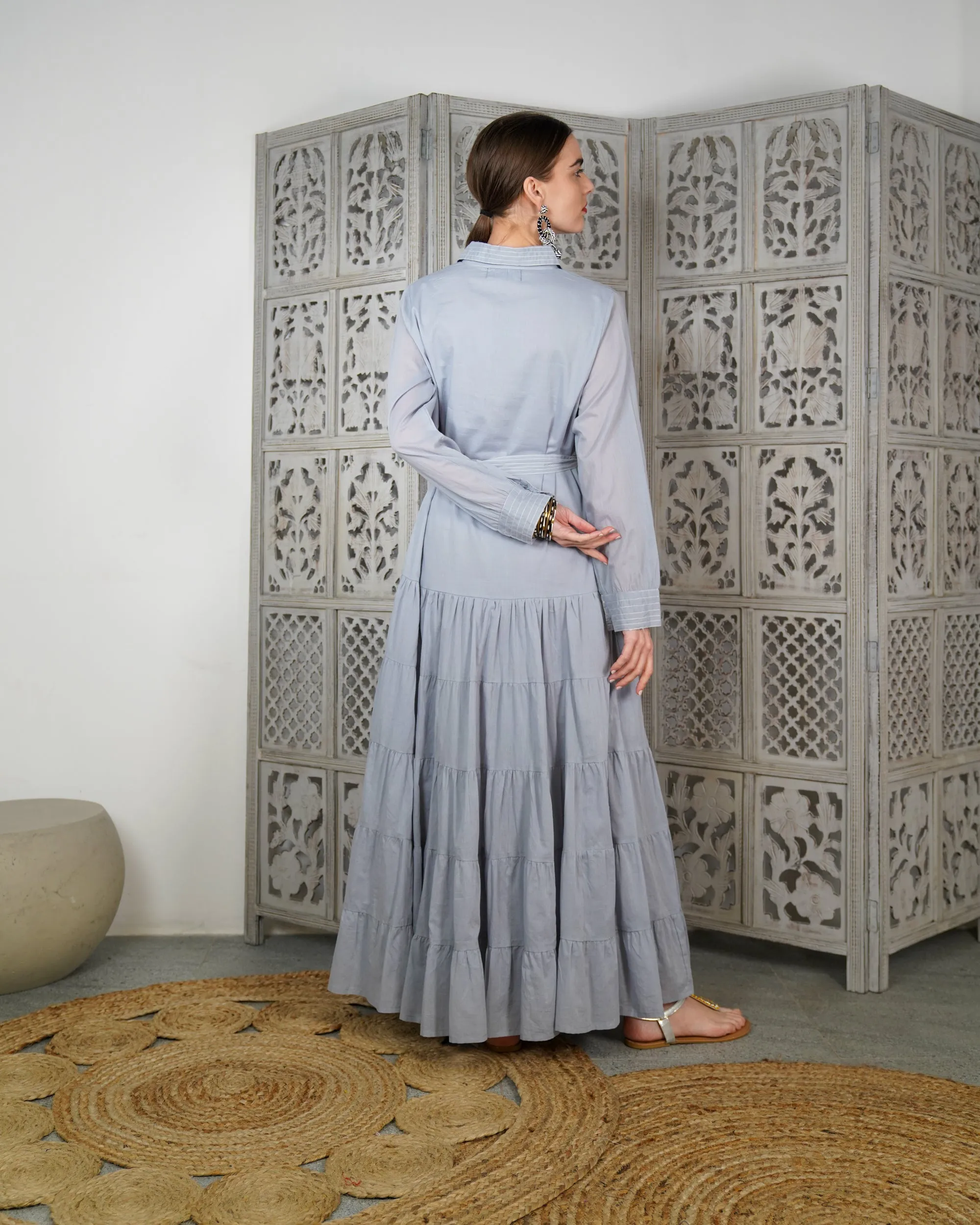 Embroidered collar with front stylish buttons and waist belted with gathered design cotton kaftan 2624 - قفطان