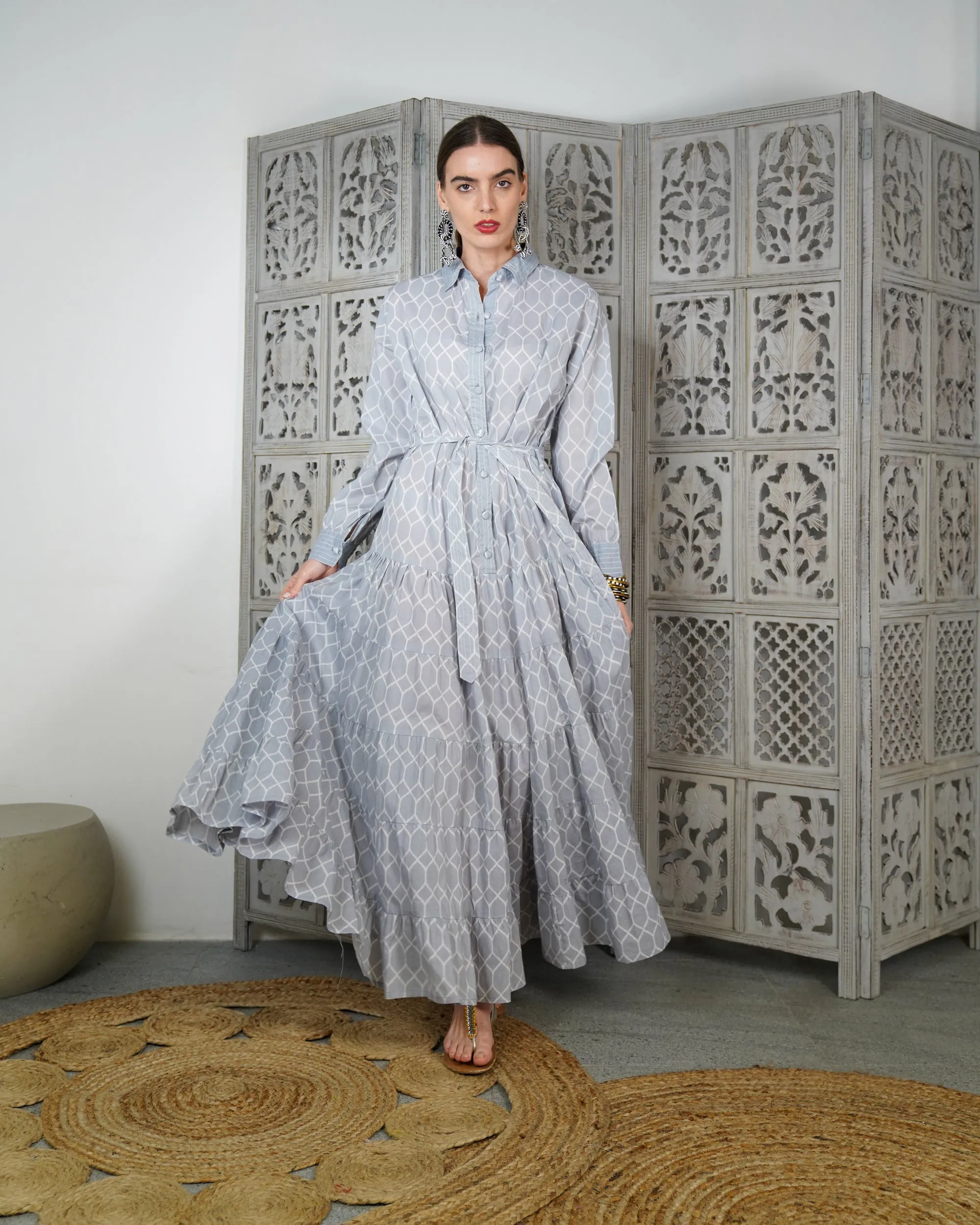 Embroidered collar with front stylish buttons and waist belted with gathered design cotton kaftan 2624 - قفطان