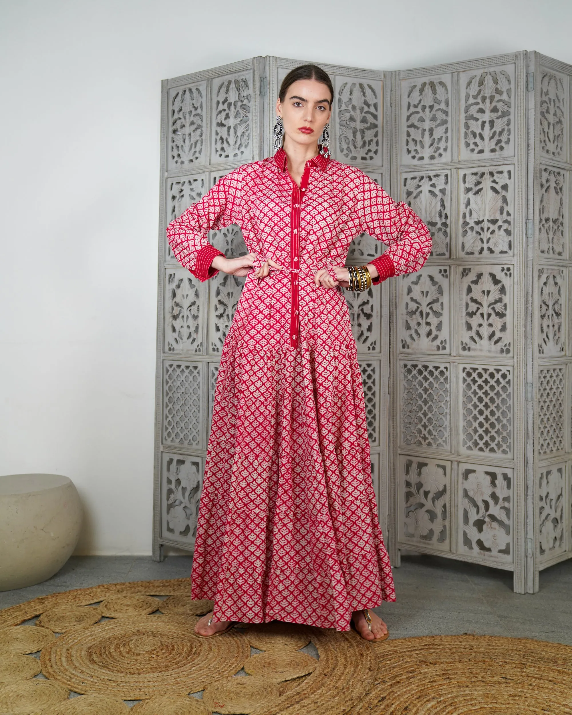 Embroidered collar with front stylish buttons and waist belted with gathered design cotton kaftan 2624 - قفطان