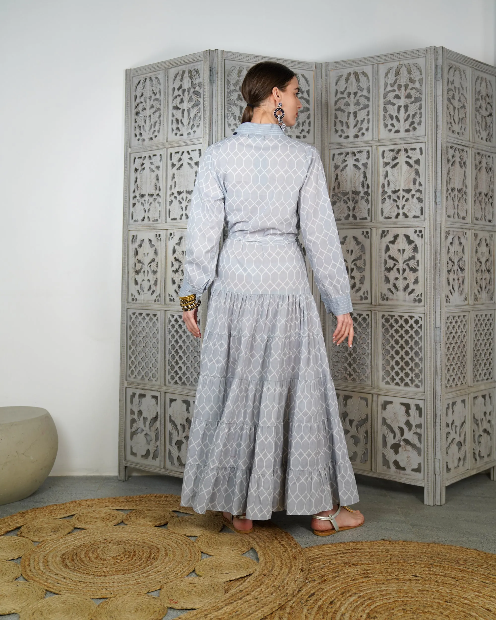 Embroidered collar with front stylish buttons and waist belted with gathered design cotton kaftan 2624 - قفطان