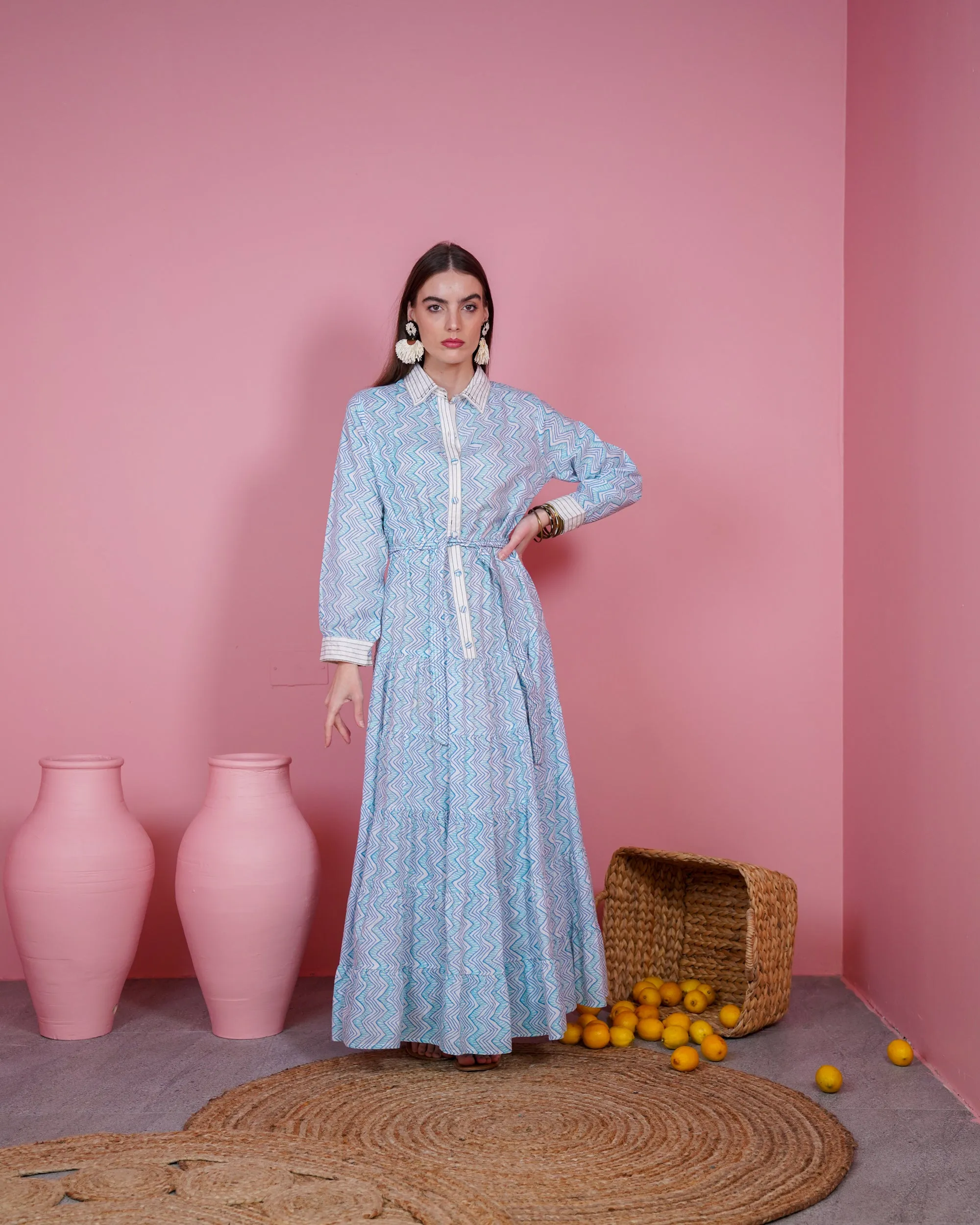 Embroidered collar with front stylish buttons and waist belted with gathered design cotton kaftan 2624 - قفطان