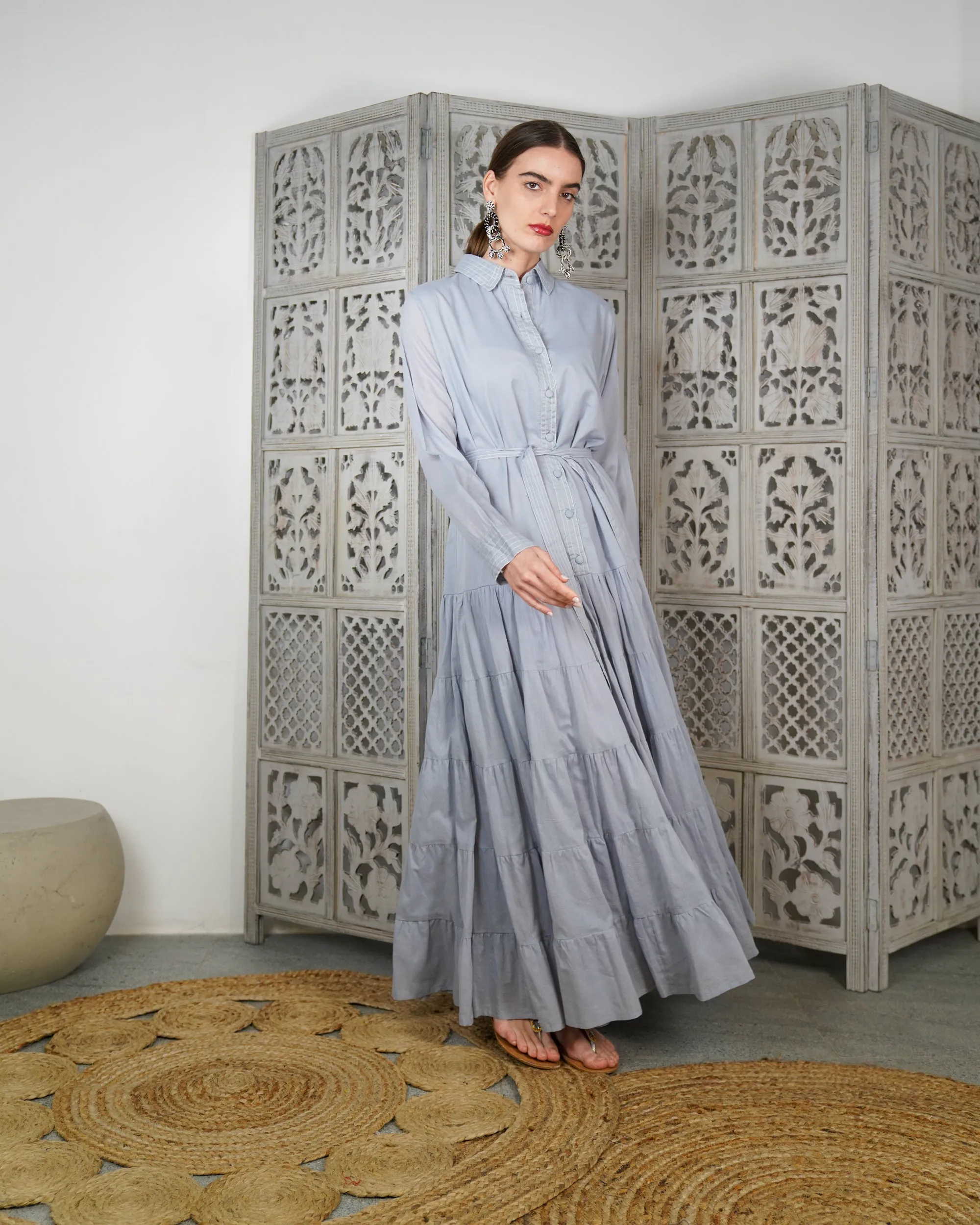 Embroidered collar with front stylish buttons and waist belted with gathered design cotton kaftan 2624 - قفطان