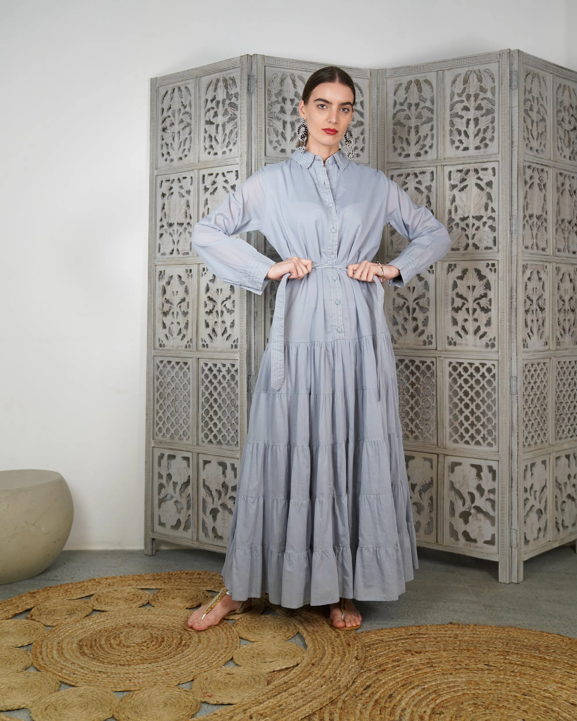 Embroidered collar with front stylish buttons and waist belted with gathered design cotton kaftan 2624 - قفطان