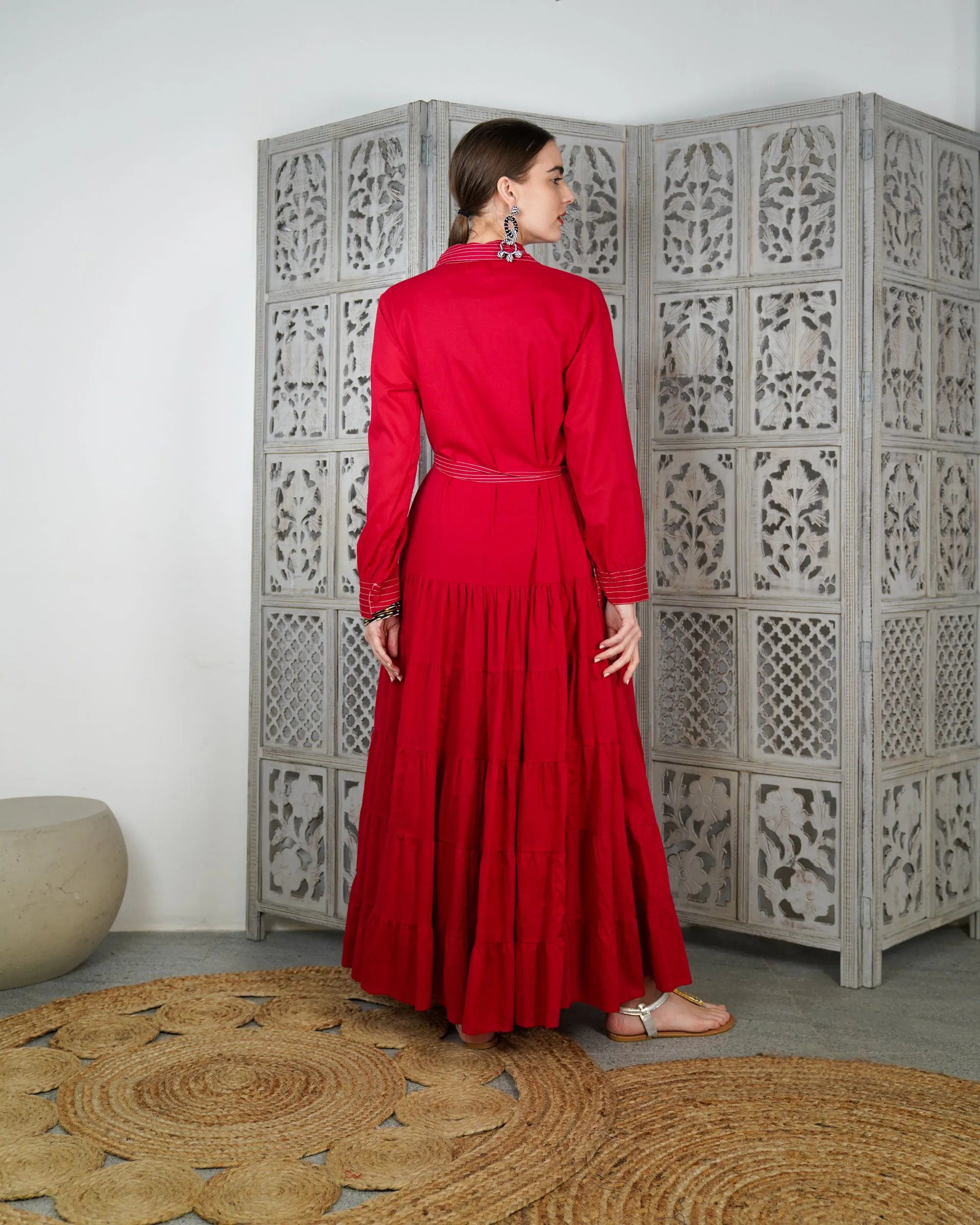 Embroidered collar with front stylish buttons and waist belted with gathered design cotton kaftan 2624 - قفطان