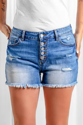 Exposed Button Fly Raw Hem Denim Shorts