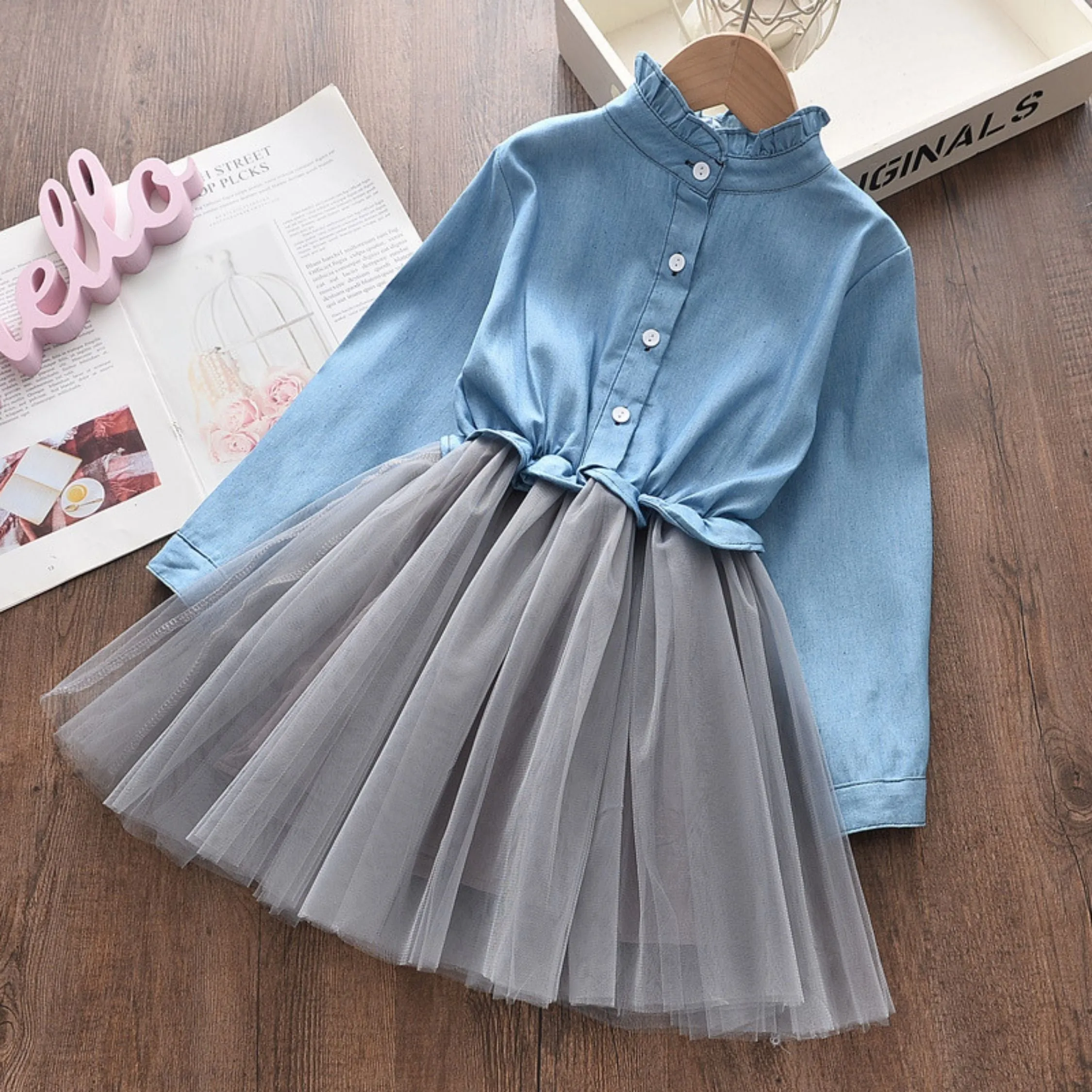 Full Sleeve Denim Design Flutter Girls Dress, Blue