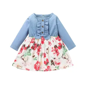 Full Sleeve Floral Pattern Girls Dress, Blue