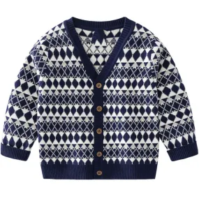 Full Sleeve Striped Pattern Button Through Boys Cardigan, Blue