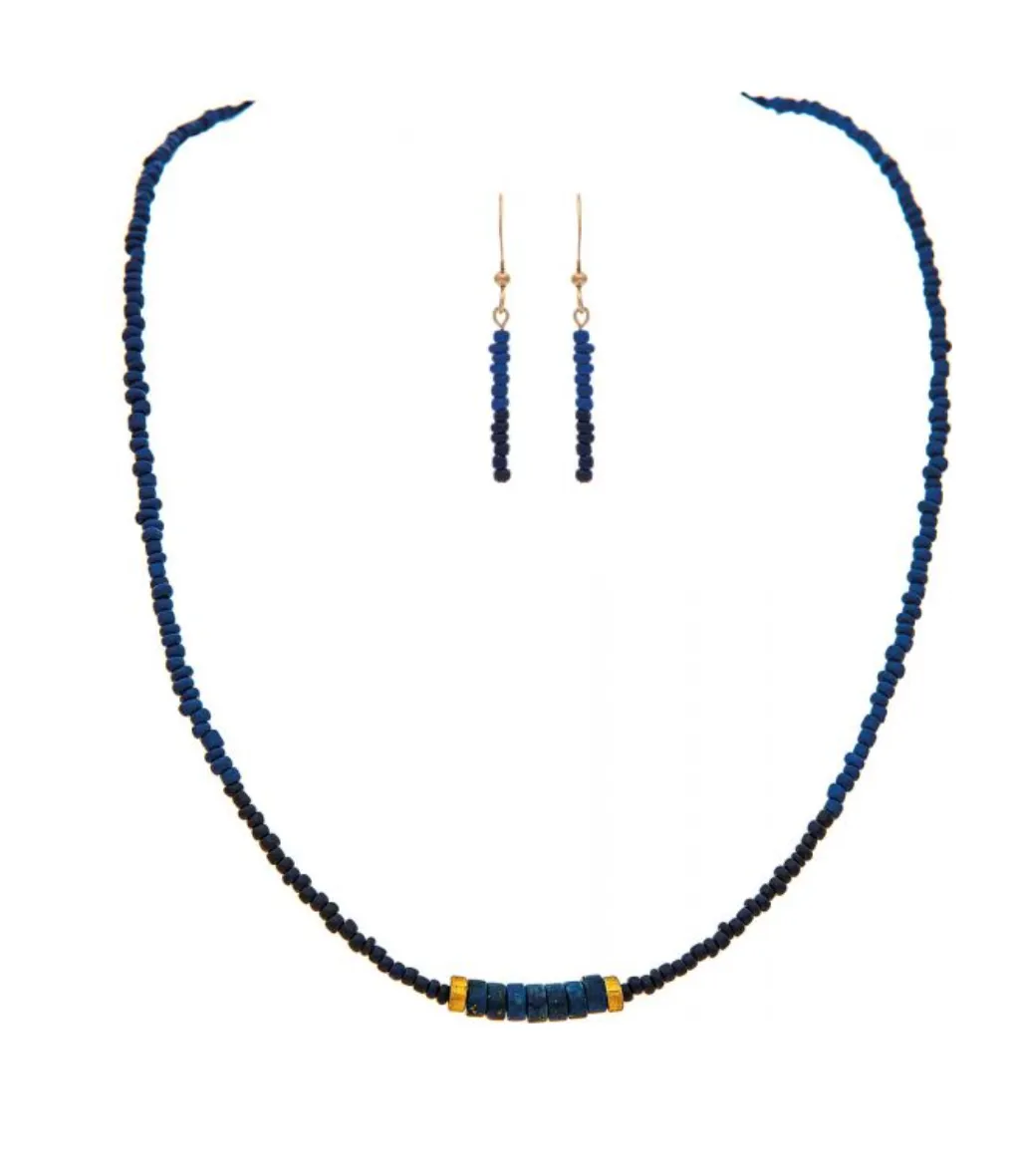 Gold Navy Blue Bead Row Necklace Set