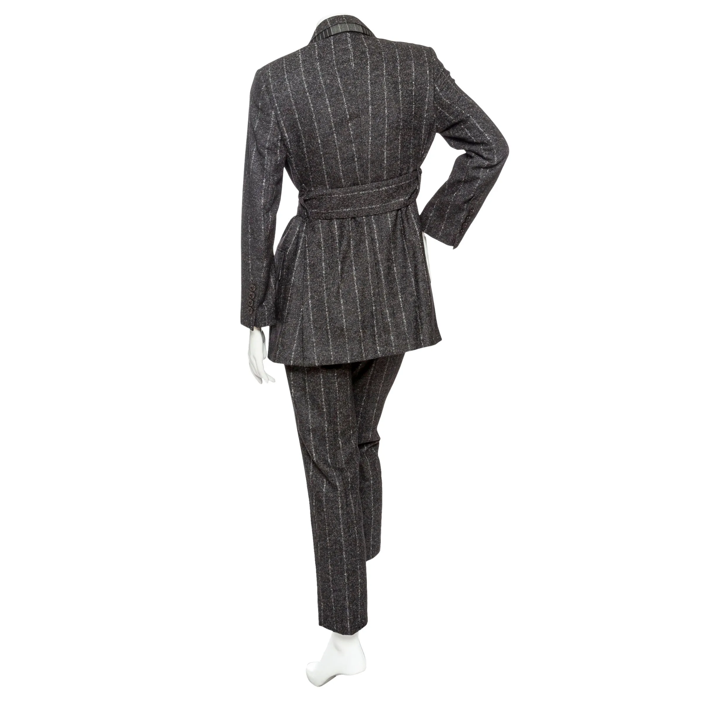 Gray Wool-Blend Pinstriped Belted Suit