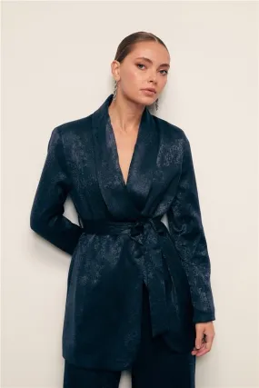 Jacquard Belted Long Jacket - Navy Blue