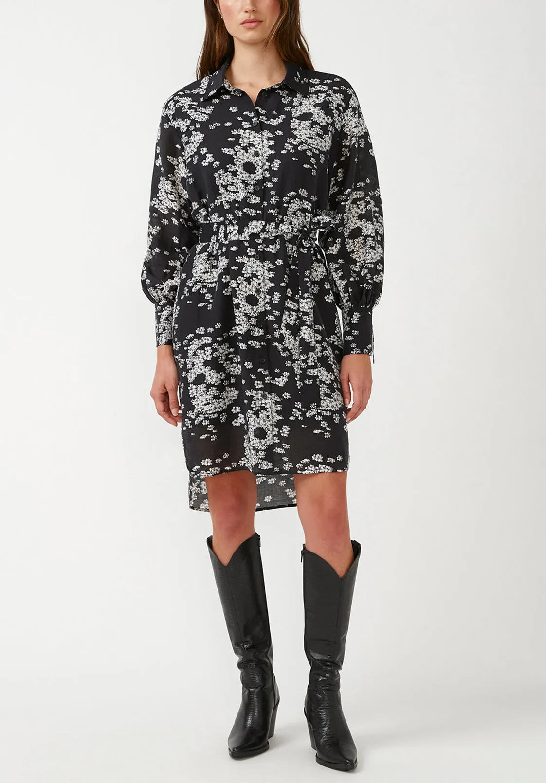 Janice Women's Shirt Dress in Black Floral Skull - WD0015F