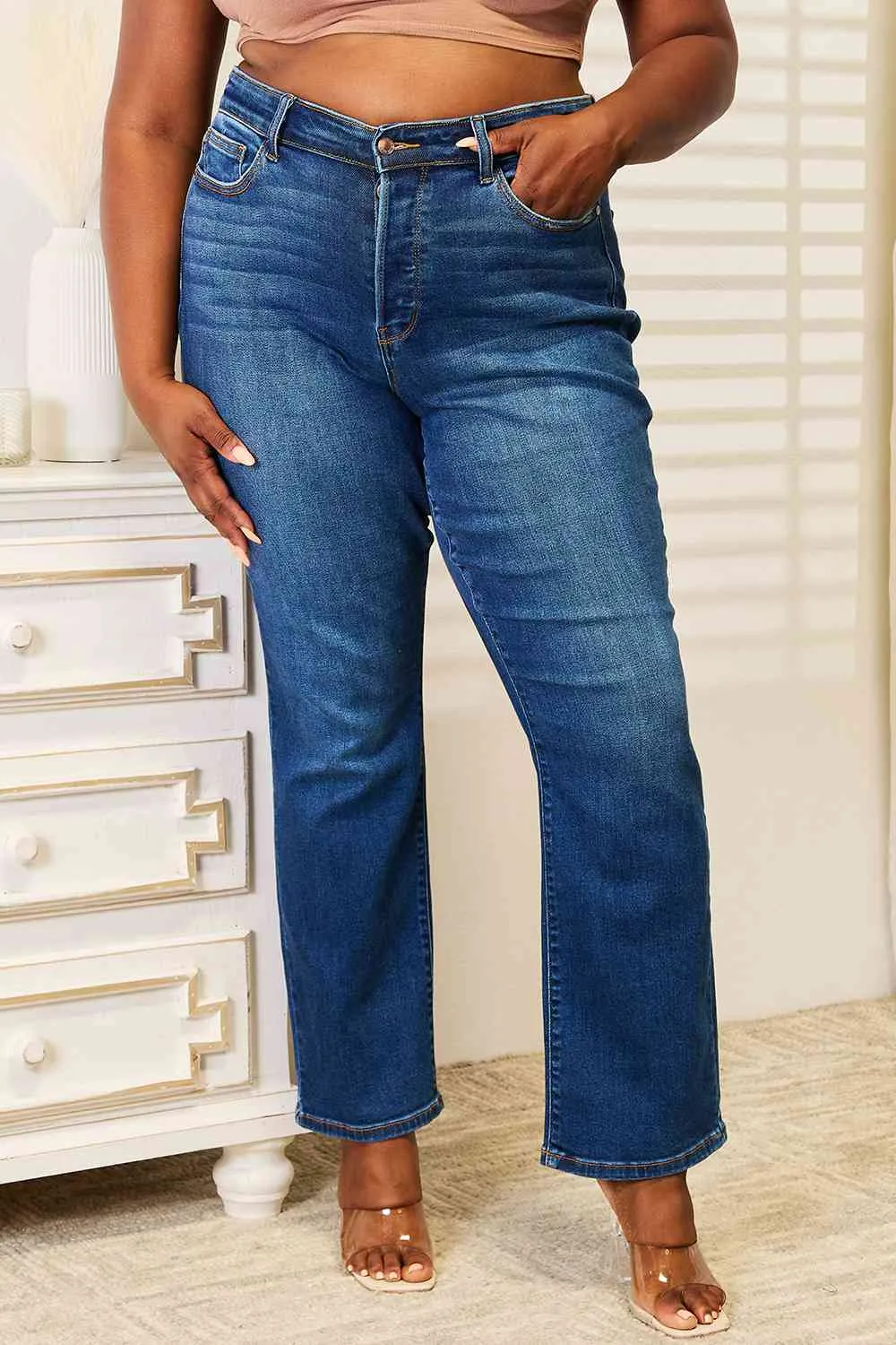 Judy Blue, High-Rise Hidden Button-Fly Straight Leg Dad Jeans