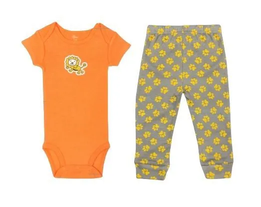 Kaarpas 100% Premium Organic Cotton 2 Piece Lion & Paws Print Bodysuit Onesie & Pant Set Orange With Grey & Yellow (KAON1008) (Certified ORGANIC) - 1 Pc (3 To 6 Months)