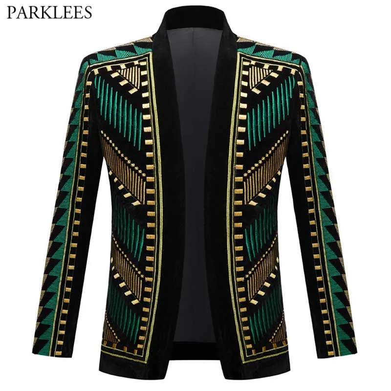 Luxury Embroidery Cardigan Blazer Jacket Men's Shawl Lapel Slim Fit Striped Suit Jacktes Party Prom Wedding