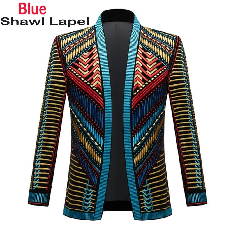 Luxury Embroidery Cardigan Blazer Jacket Men's Shawl Lapel Slim Fit Striped Suit Jacktes Party Prom Wedding