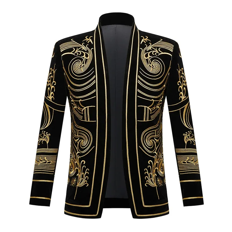 Luxury Embroidery Cardigan Blazer Jacket Men's Shawl Lapel Slim Fit Striped Suit Jacktes Party Prom Wedding