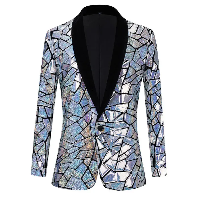 Luxury Laser Sequin Tuxedo Blazer Jacket Men's One Button Shawl Lapel Dress Suit Blazer Party Stage Prom Singer Homme