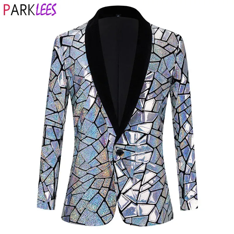 Luxury Laser Sequin Tuxedo Blazer Jacket Men's One Button Shawl Lapel Dress Suit Blazer Party Stage Prom Singer Homme