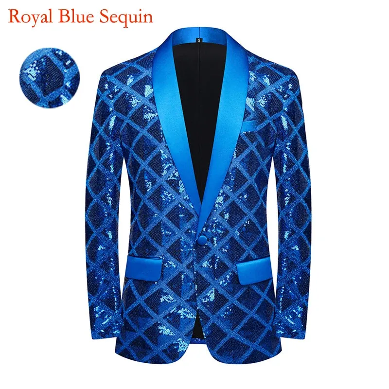 Luxury Laser Sequin Tuxedo Blazer Jacket Men's One Button Shawl Lapel Dress Suit Blazer Party Stage Prom Singer Homme