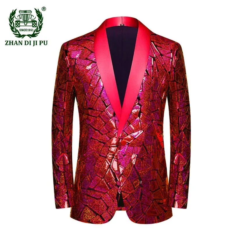 Luxury Wave Striped Gold Sequin Blazer Jackets Men's Shawl Lapel One Button Shiny Party Wedding Suits Jackets Tuxedo Blazer