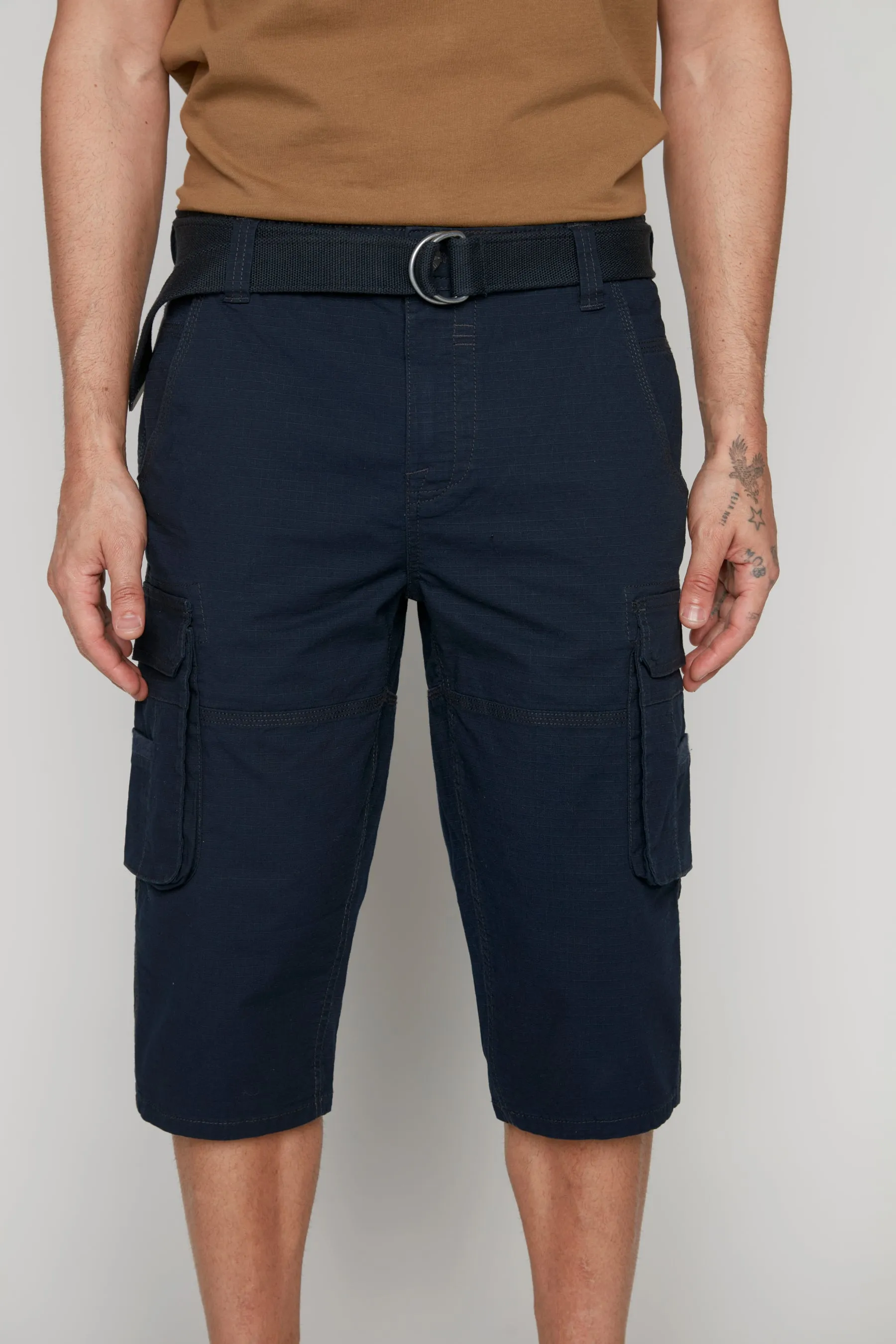 Mens Belted Cargo Capri Ripstop Shorts - Navy