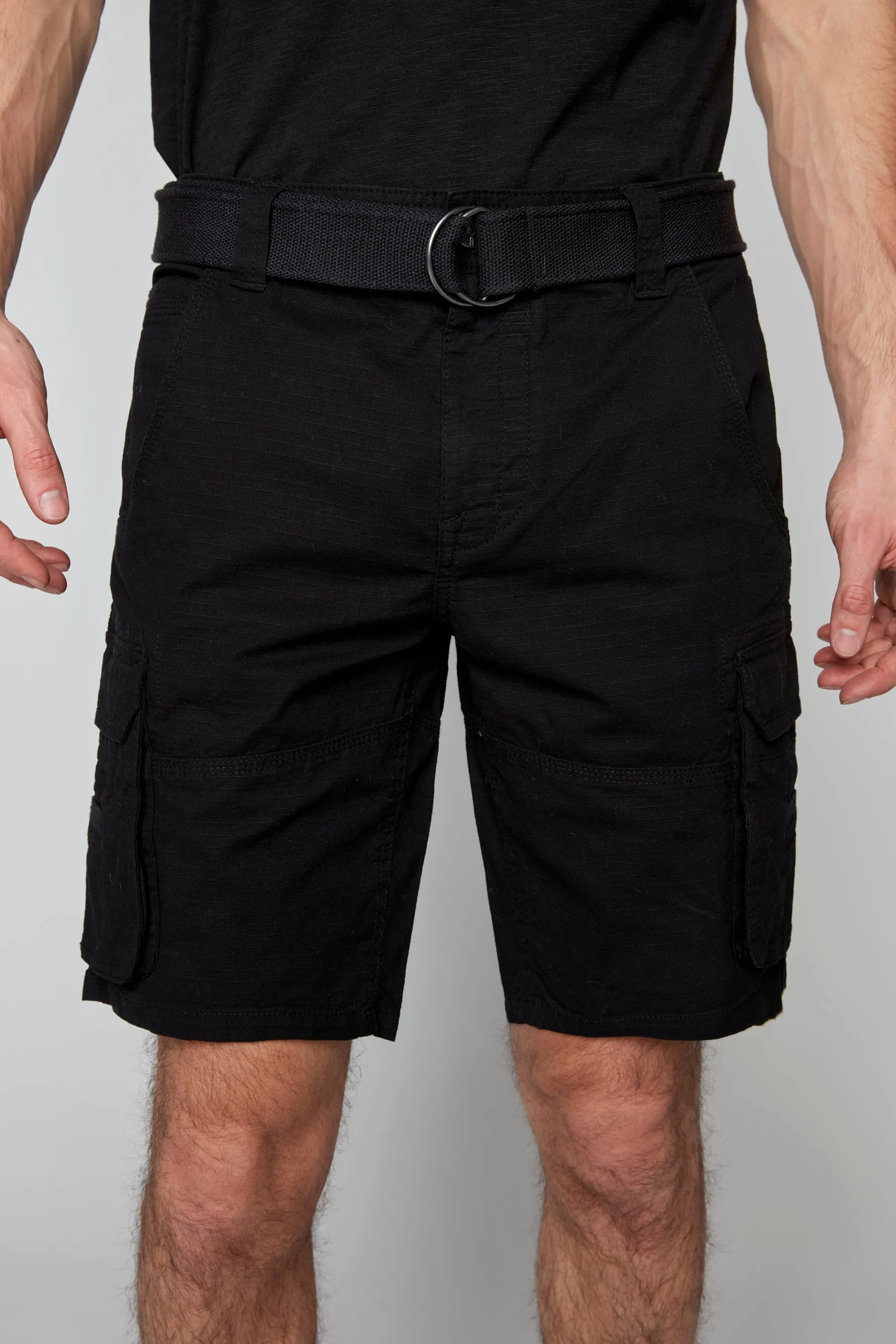 Mens Belted Cargo Ripstop Shorts - Black