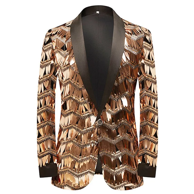 Men's Luxury Wave Striped Gold Sequin Blazer Jacket Shawl Lapel One Button Shiny Wedding Party Suit Dinner Tuxedo