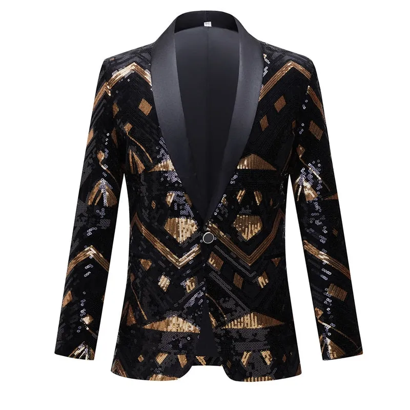 Men's Luxury Wave Striped Gold Sequin Blazer Jacket Shawl Lapel One Button Shiny Wedding Party Suit Dinner Tuxedo