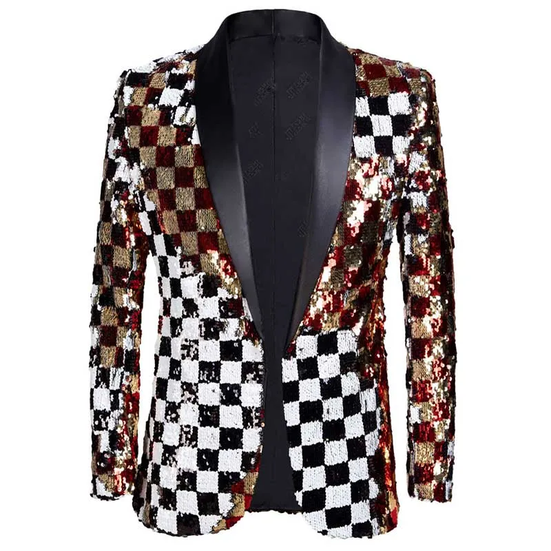 Men's Luxury Wave Striped Gold Sequin Blazer Jacket Shawl Lapel One Button Shiny Wedding Party Suit Dinner Tuxedo