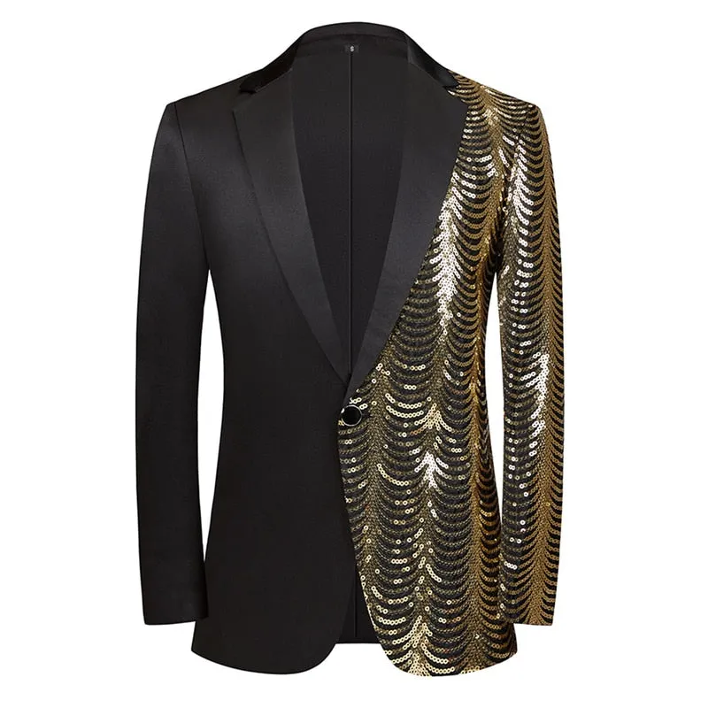 Men's Luxury Wave Striped Gold Sequin Blazer Jacket Shawl Lapel One Button Shiny Wedding Party Suit Dinner Tuxedo