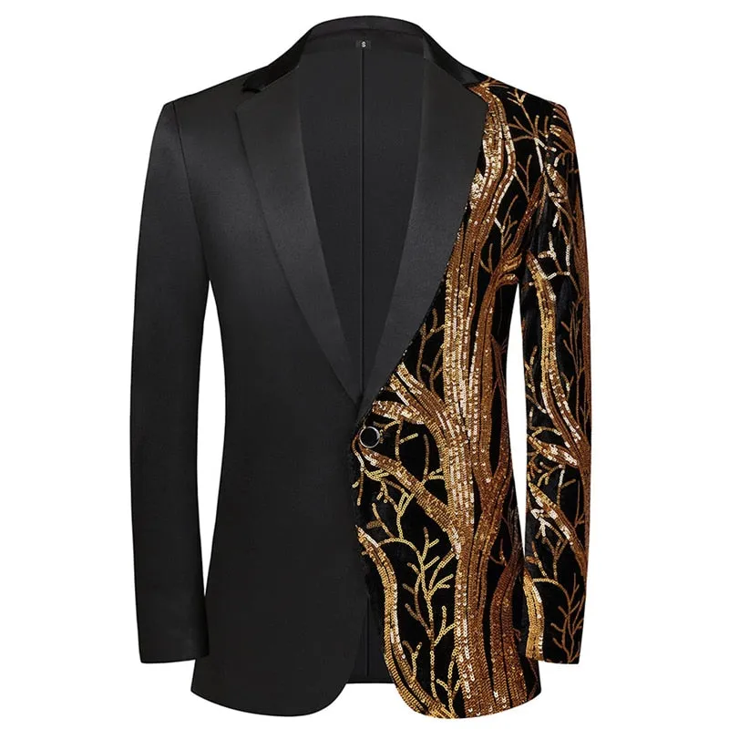 Men's Luxury Wave Striped Gold Sequin Blazer Jacket Shawl Lapel One Button Shiny Wedding Party Suit Dinner Tuxedo