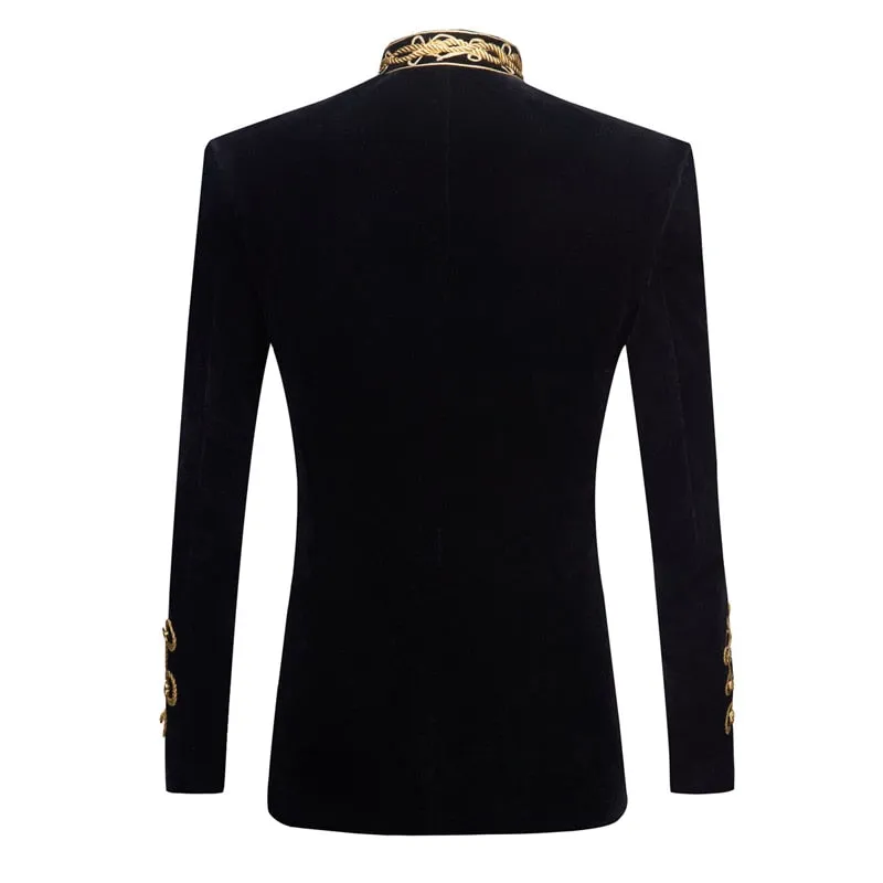 Men's Stylish Court Prince Black Velvet Gold Embroidery Blazer Suit Jacket Wedding Party Prom Suit Stage Singer