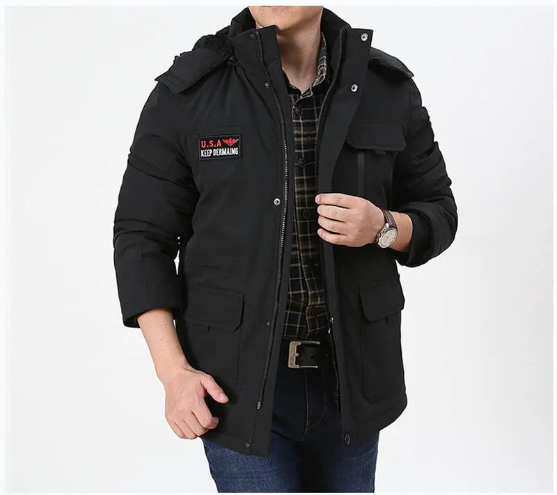 Men's Thick Fleece Winter Waterproof Jacket Fur Hooded Warm Snow Parkas Streetwear Golf Coat Clothing